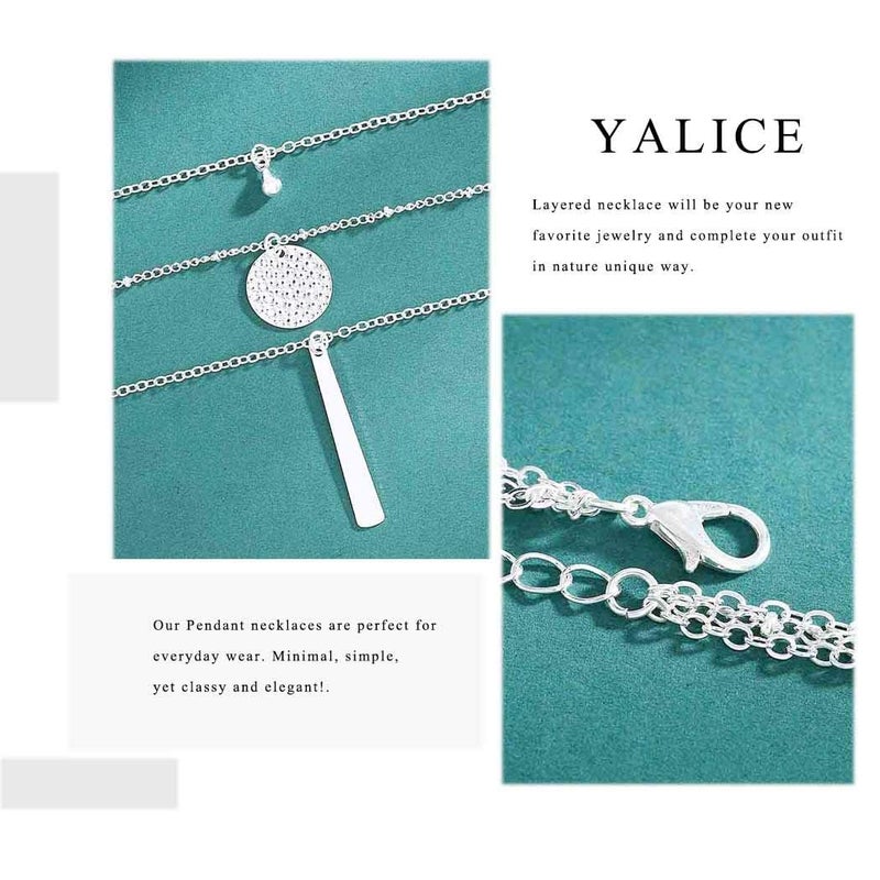 Yalice Multi-Layered Disc Necklace Chain Bar Drop Pendant Necklaces Coin Jewelry for Women (Silver) - Image 5